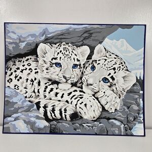 VTG Snow Leopard Cubs Finished Acrylic Paint By Number 14x11 Winter W/ Border